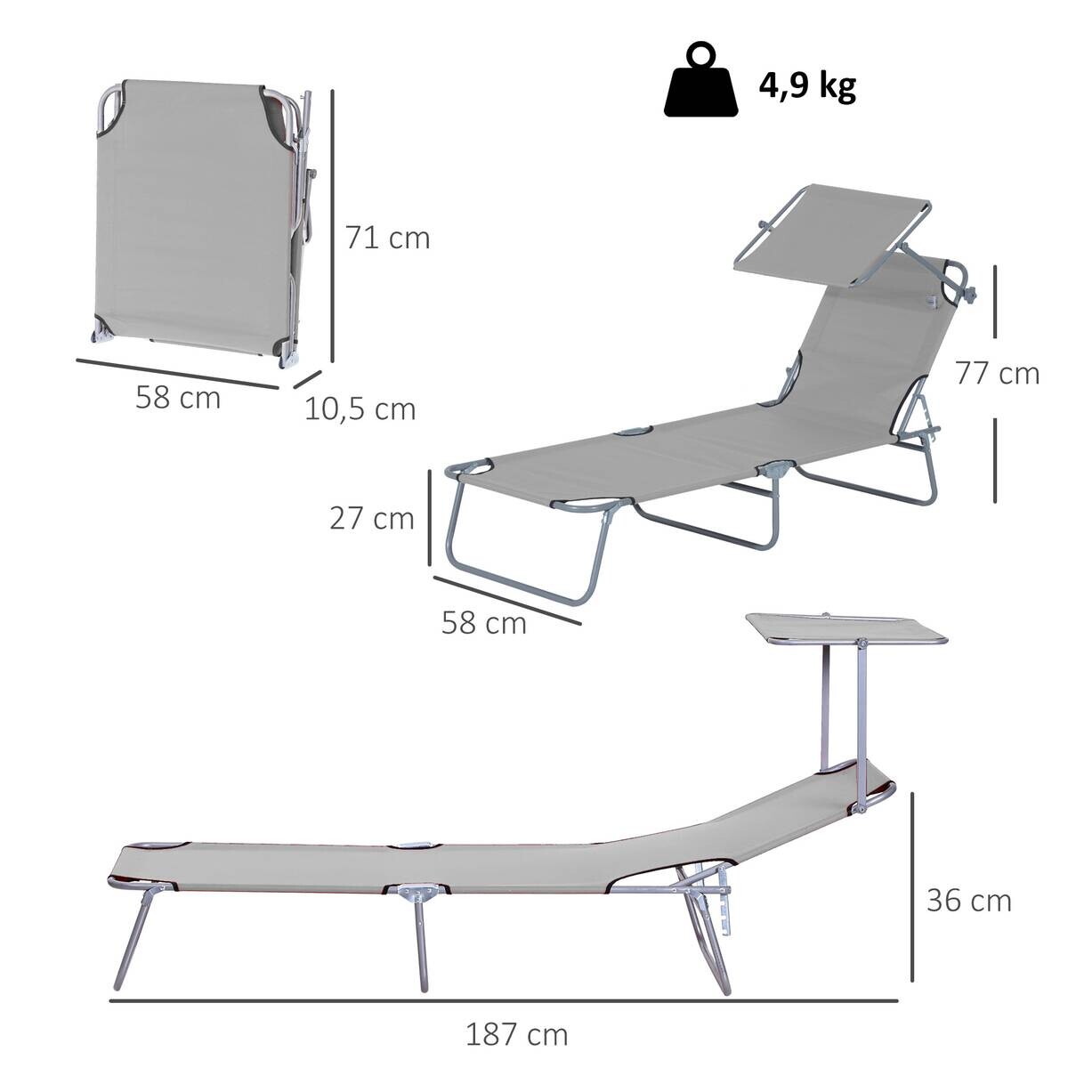Outsunny Sonnenliege hellgrau Polyester B/H/L: ca. 58x36x187 cm