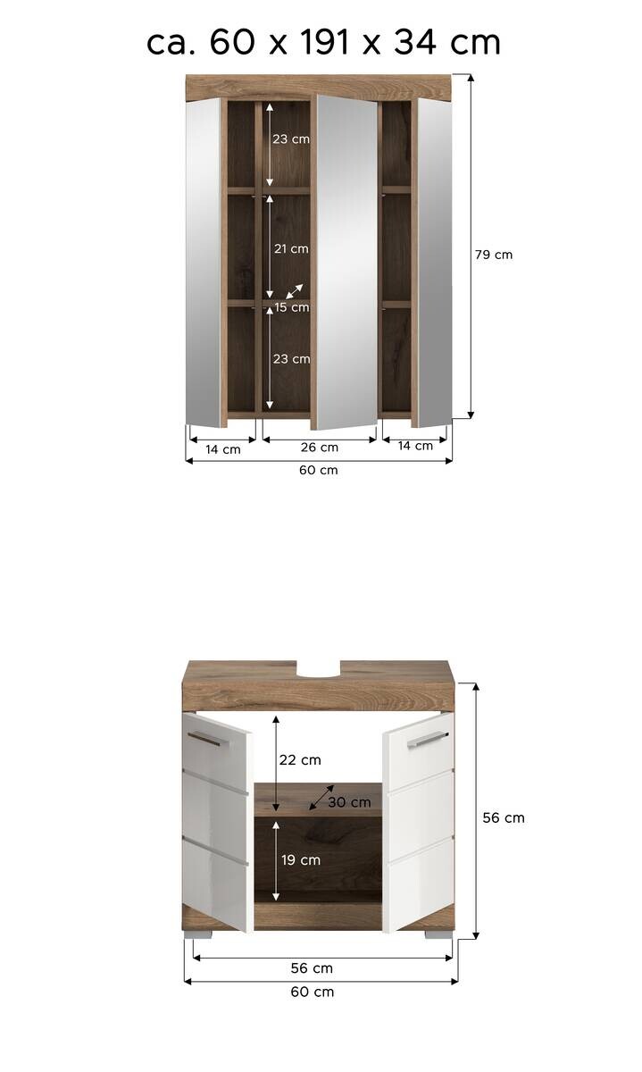 Badezimmer-Set Wave weiß Hochglanz Nox Oak Nachbildung B/H/T: ca. 60x191x34 cm