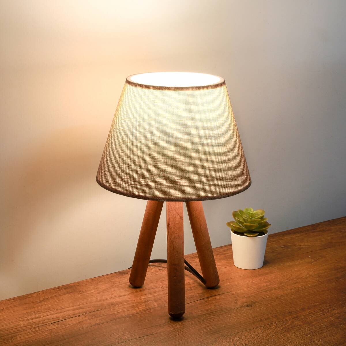 Opviq Tischleuchte beige Holz Stoff B/H/L: ca. 22x30x22 cm E27 1 Brennstellen