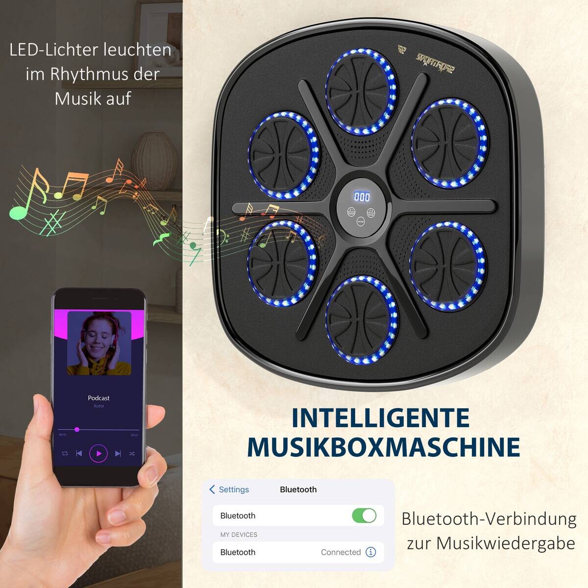 SPORTNOW Boxmaschine + Musik schwarz Kunstleder B/H/L: ca. 44,6x7,5x41,8 cm