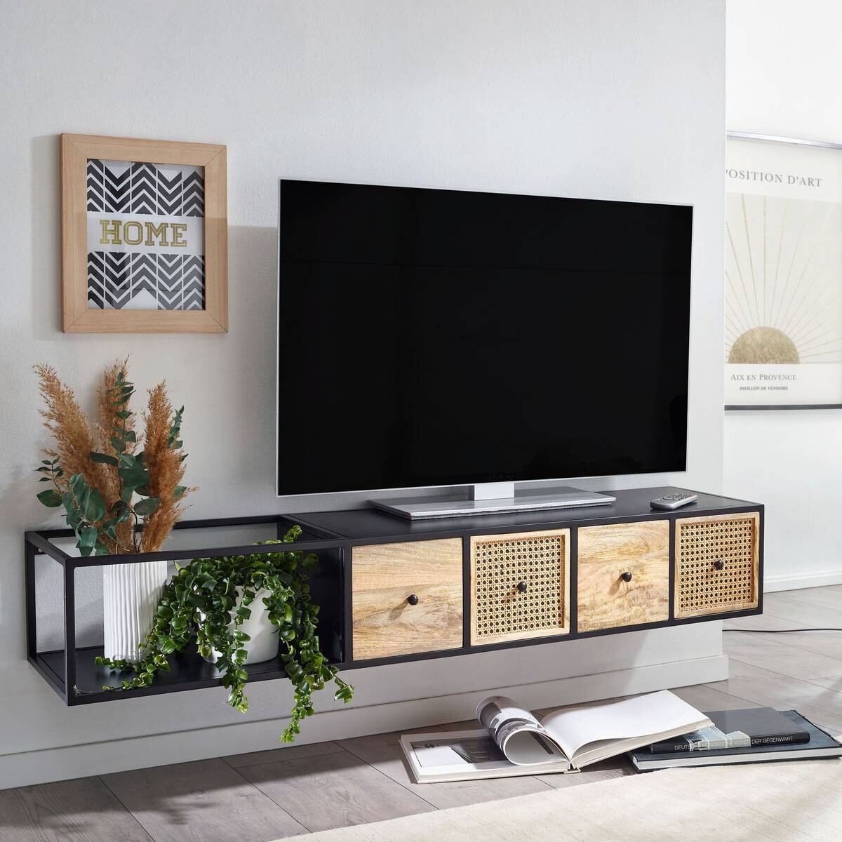 TV-Bank schwarz pulverbeschichtet natur Eisen Echtholz B/H/T: ca. 150x25x35 cm