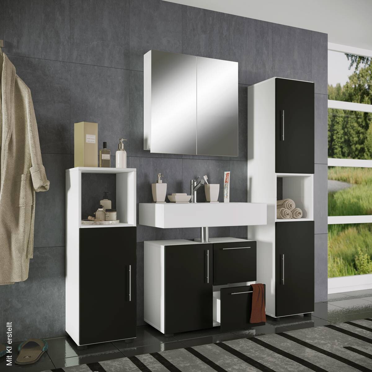 Badezimmer-Set Flandu weiß schwarz B/H/T: ca. 123x160x32 cm