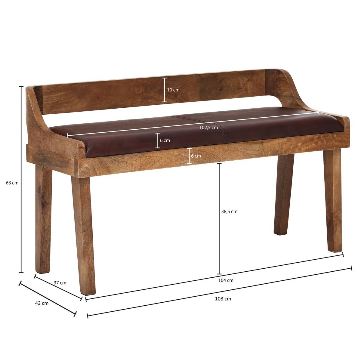 Wohnling Sitzbank dunkelbraun natur Leder Echtholz B/H/T: ca. 108x63x43 cm