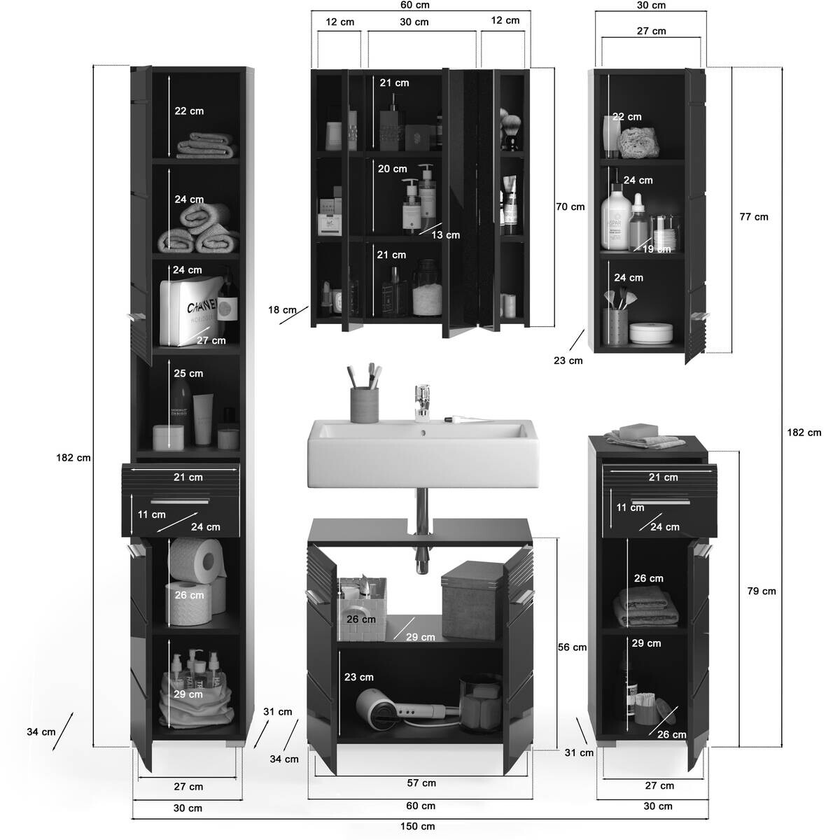 Badezimmer-Set LINUS schwarz schwarz Hochglanz B/H/T: ca. 150x182x34 cm