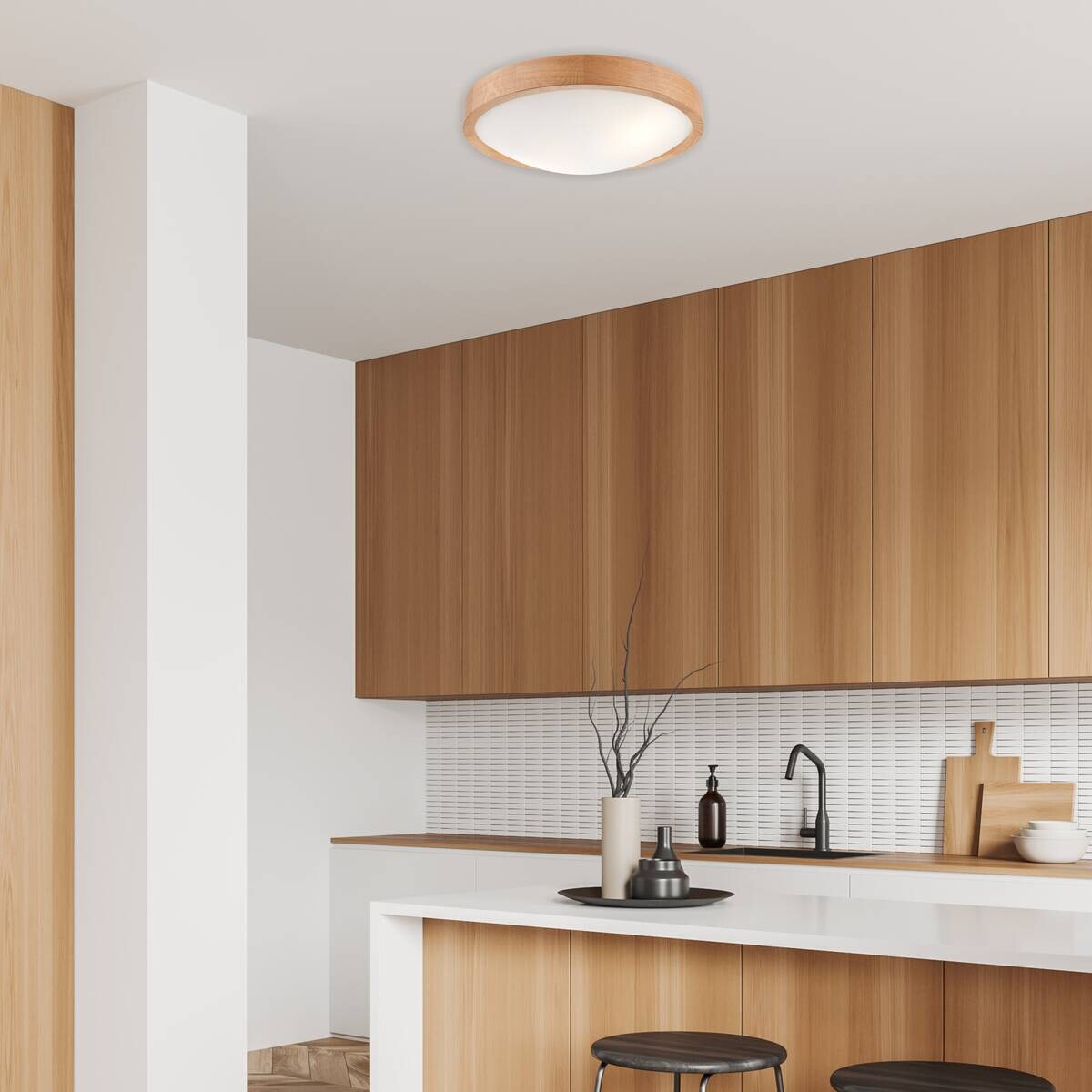 Lamkur Deckenleuchte Anello Eiche Glas Holz H/L: ca. 8x37 cm E27 2 Brennstellen