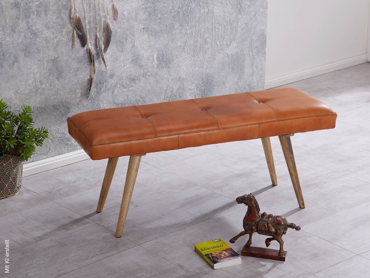 Wohnling Sitzbank braun natur Leder Echtholz B/H/T: ca. 117x51x38 cm
