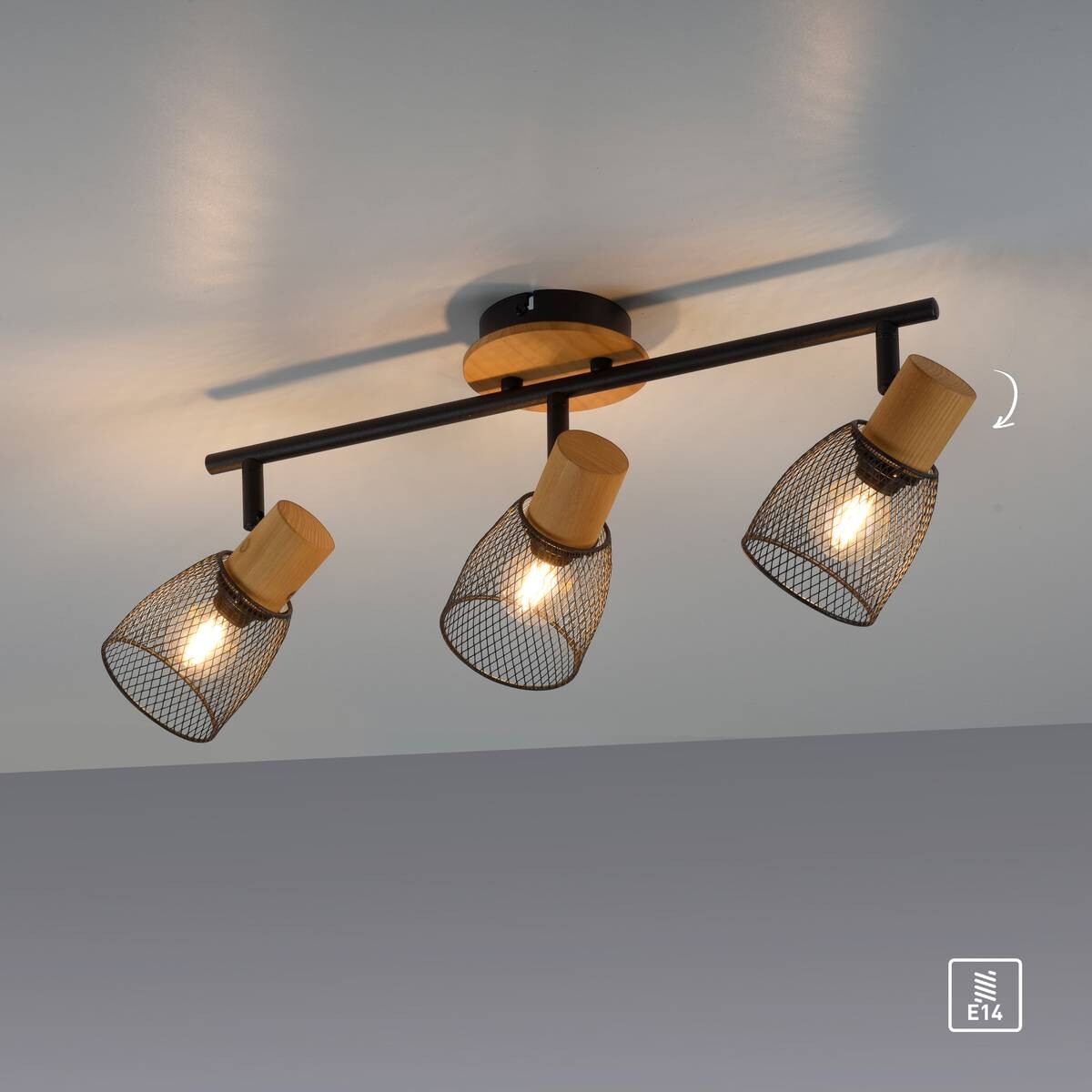 Just Light Spotbalken TAMIS 15193-79 schwarz natur Holz Metall B/H/T: ca. 65x22x24 cm E14 3 Brennstellen