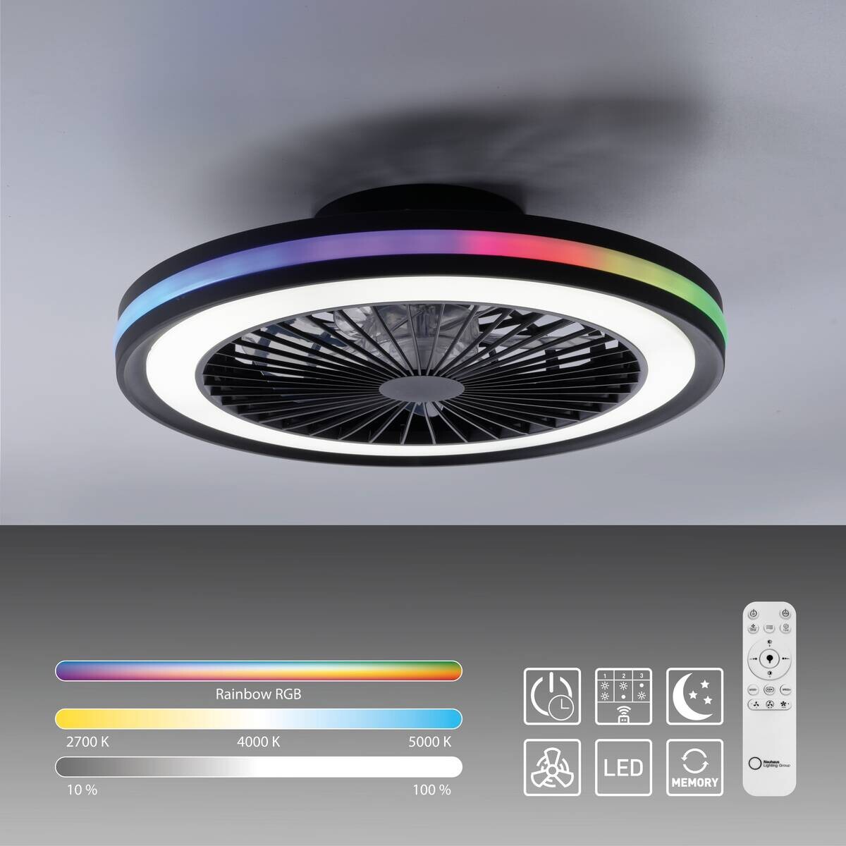 Just Light LED-Deckenventilator Brandon schwarz B/H/L: ca. 45,5x14x45,5 cm max. 36 W