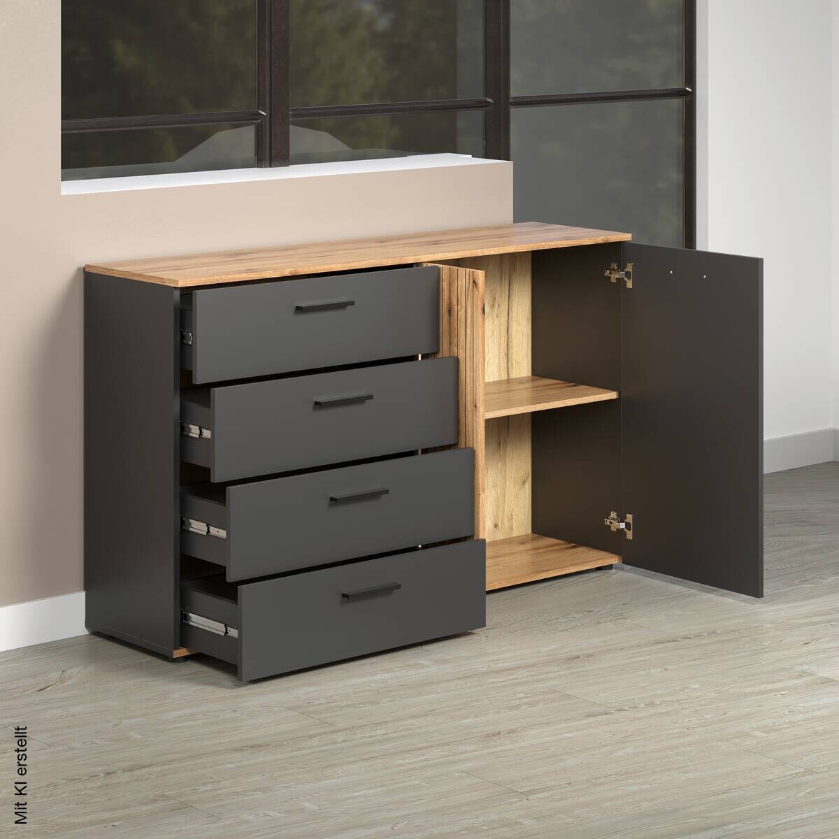 Kommode Esteban anthrazit Eiche Evoke Coast Nachbildung B/H/T: ca. 139x86x38 cm