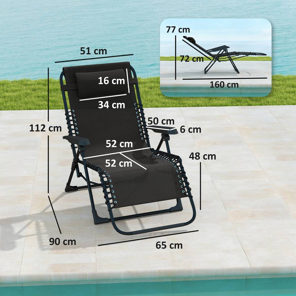 Outsunny Sonnenliege schwarz Metall B/H/L: ca. 65x112x90 cm
