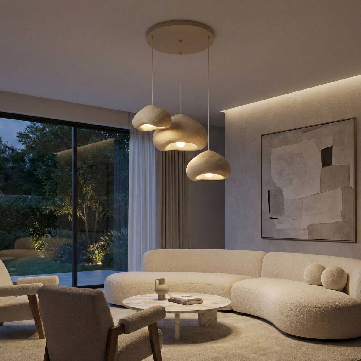 Opviq Pendelleuchte beige Metall Fiberglas B/H/T/L/D: ca. 82x115x82x82x82 cm E27 3 Brennstellen
