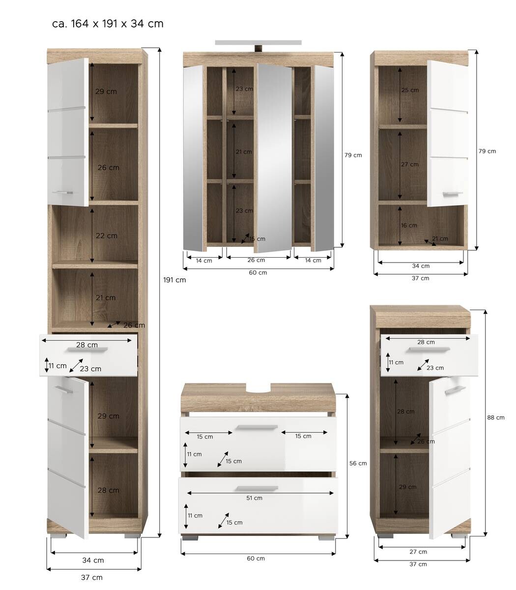Badezimmer-Set Lambada Eiche Sonoma Nachbildung weiß Hochglanz B/H/T: ca. 164x191x37 cm