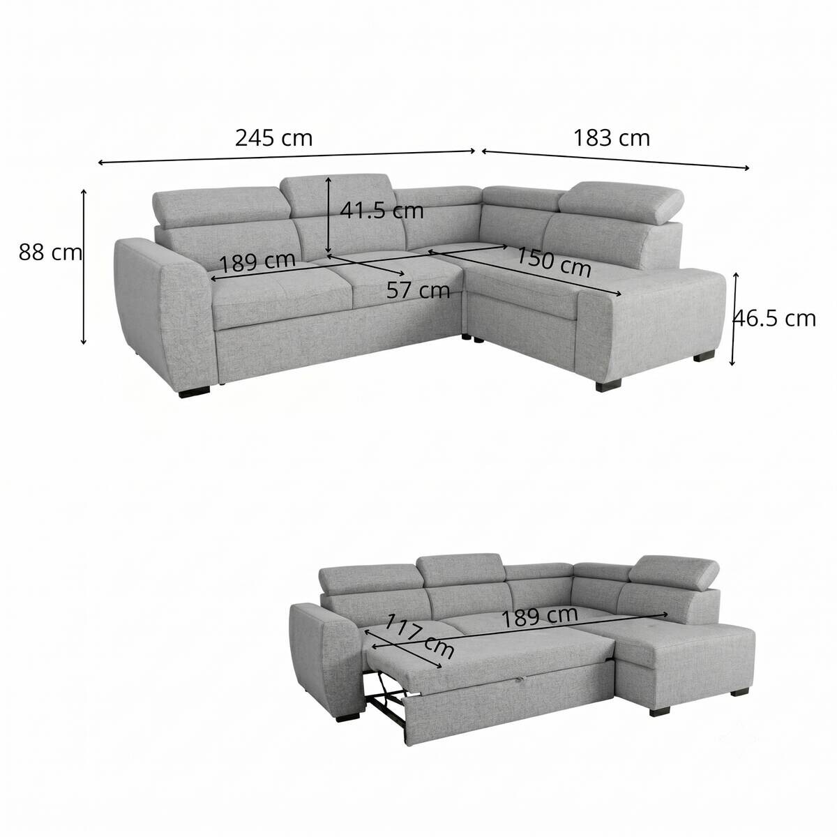 Ecksofa mit Bettfunktion und Bettkasten hellgrau Webstoff B/H/T: ca. 245x184x87 cm