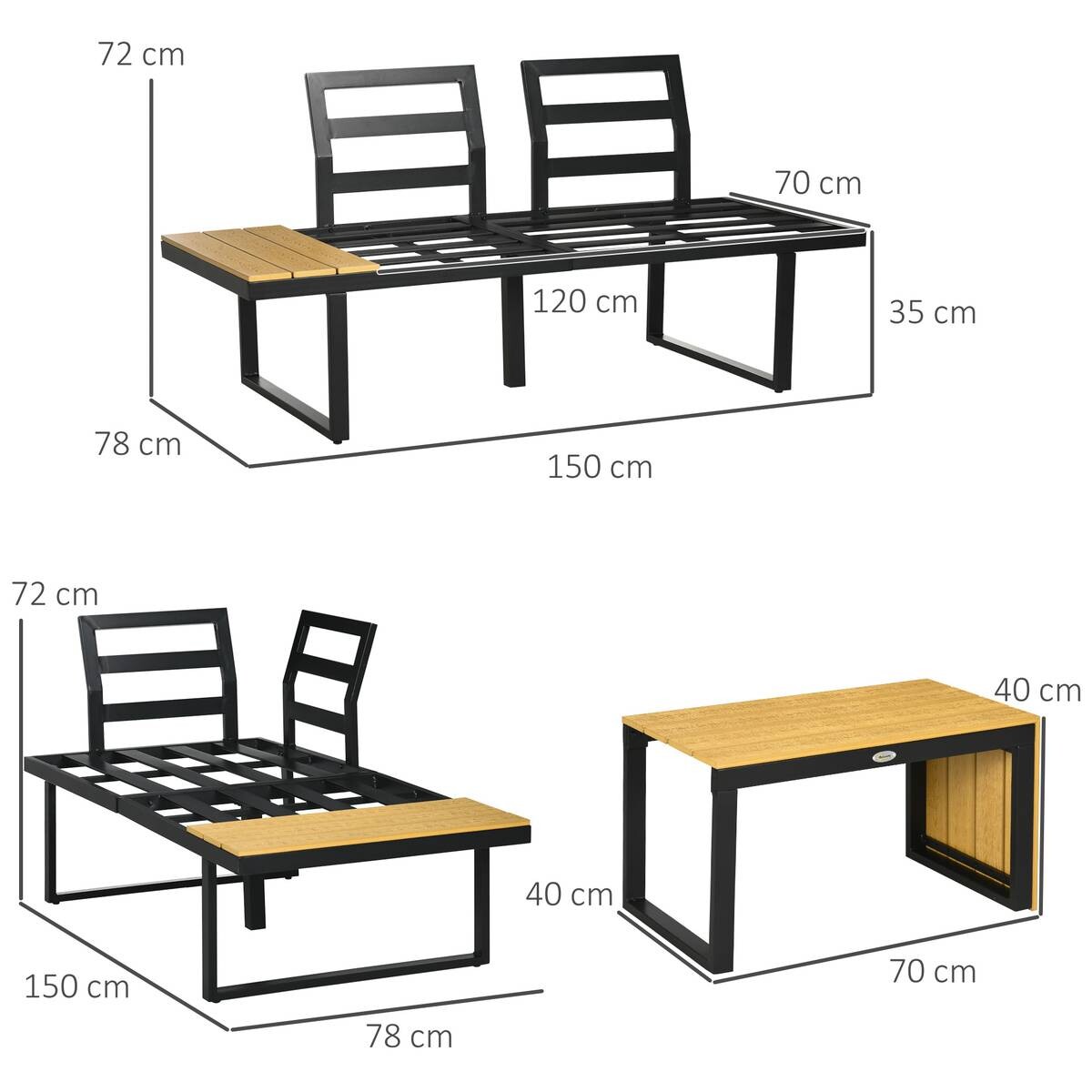 Outsunny Gartensitzgruppe hellgrau Aluminium B/H/L: ca. 78x72x150 cm