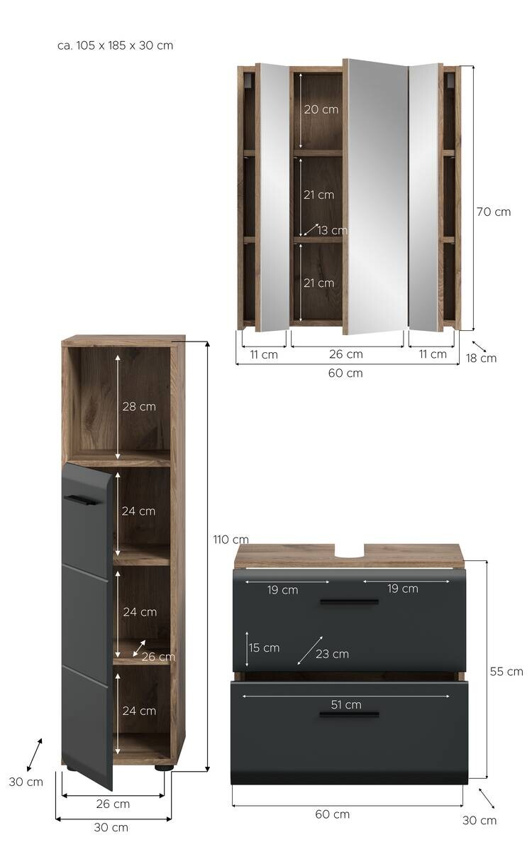 Badezimmer-Set Ice Nox Oak Nachbildung schwarz matt B/H/T: ca. 105x185x30 cm