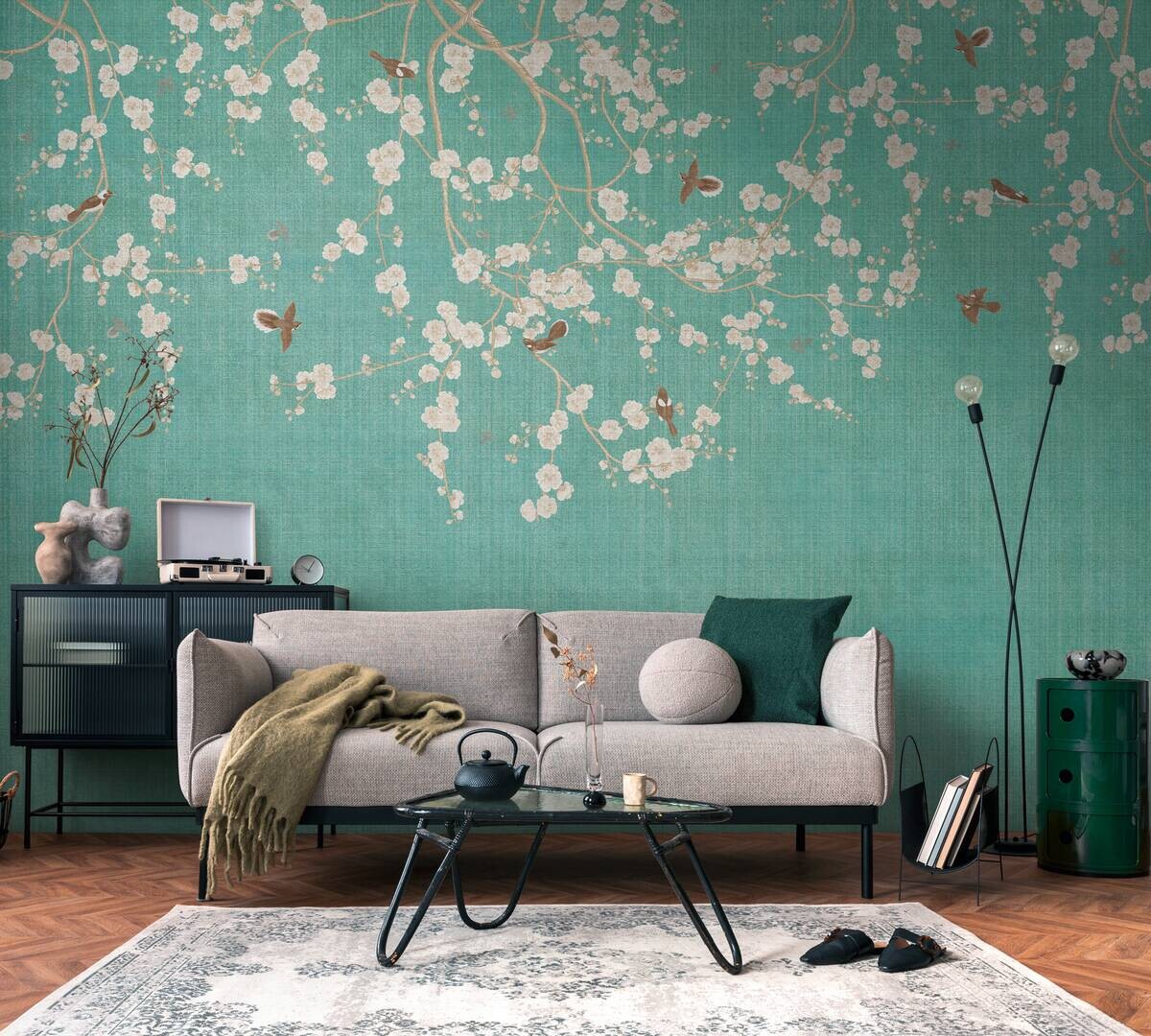 Livingwalls Fototapete Blütenzweig blau beige creme B/L: ca. 280x371 cm