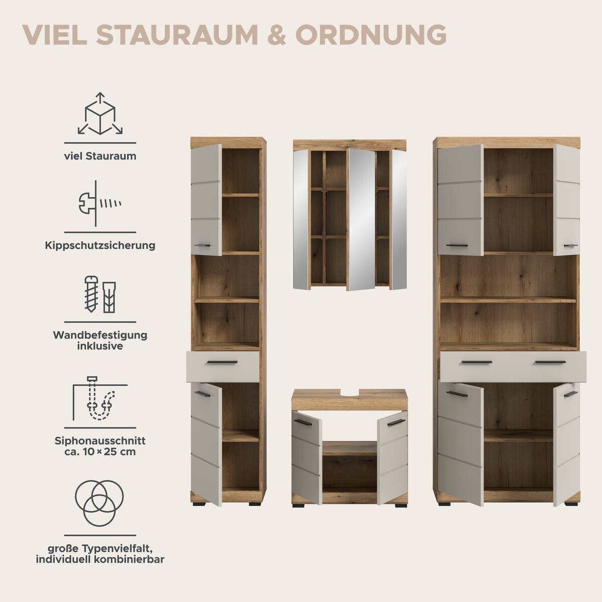 Badezimmer-Set Scout Evoke Oak Nachbildung Kaschmirgrau Nachbildung B/H/T: ca. 201x191x34 cm