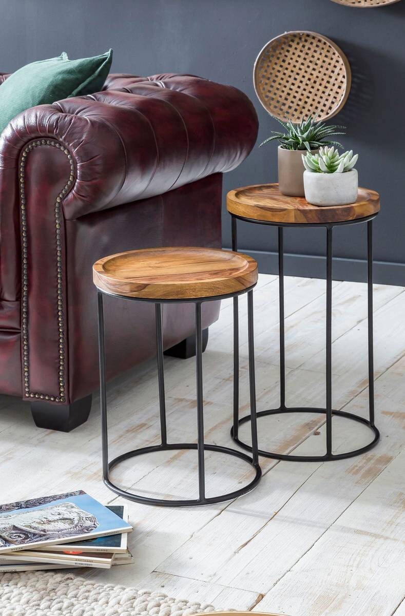 Beistelltisch 2er-Set natur schwarz lackiert Echtholz Eisen