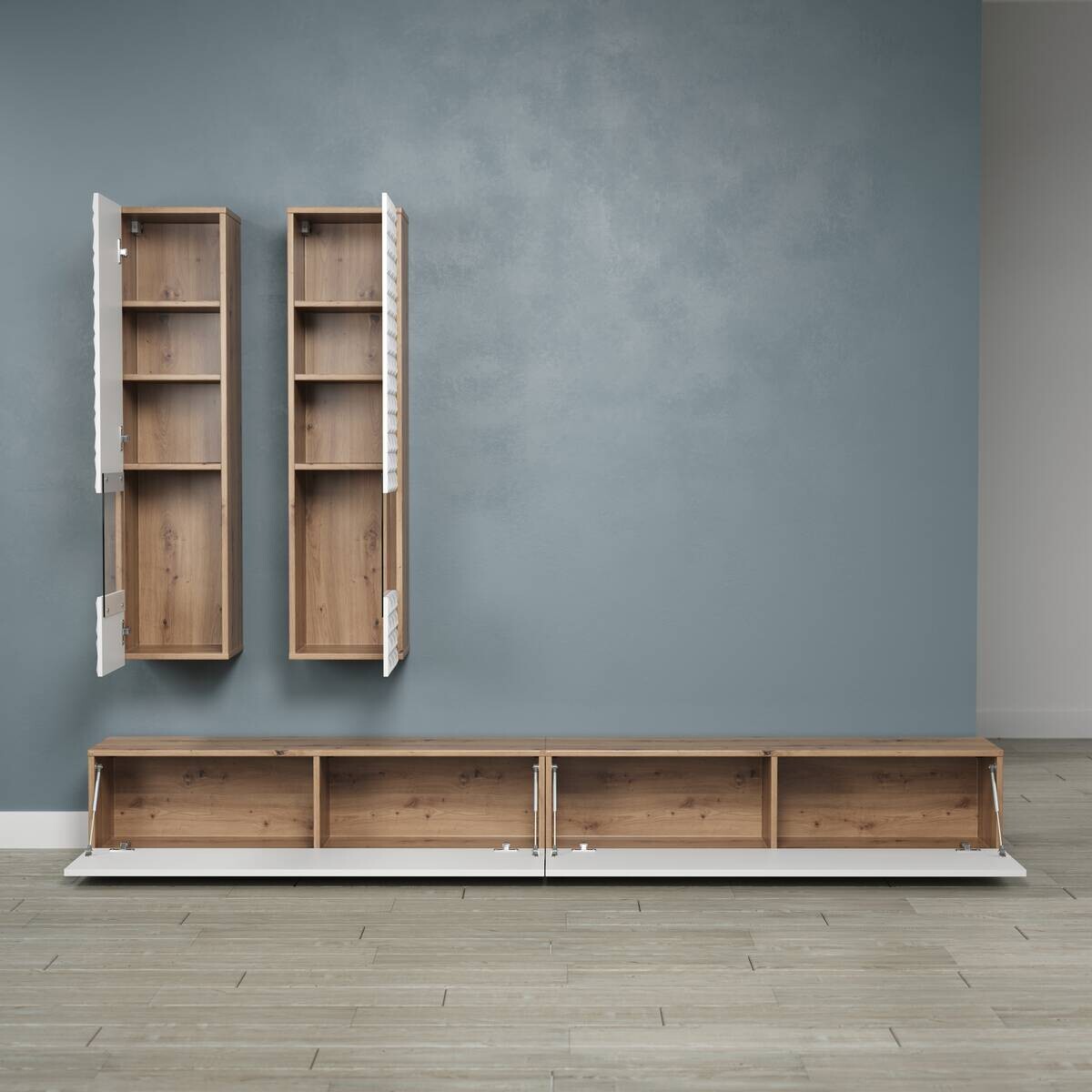 Wohnwand Rezzo weiß Oak Artisan Nachbildung B/H/T: ca. 241x200x30 cm