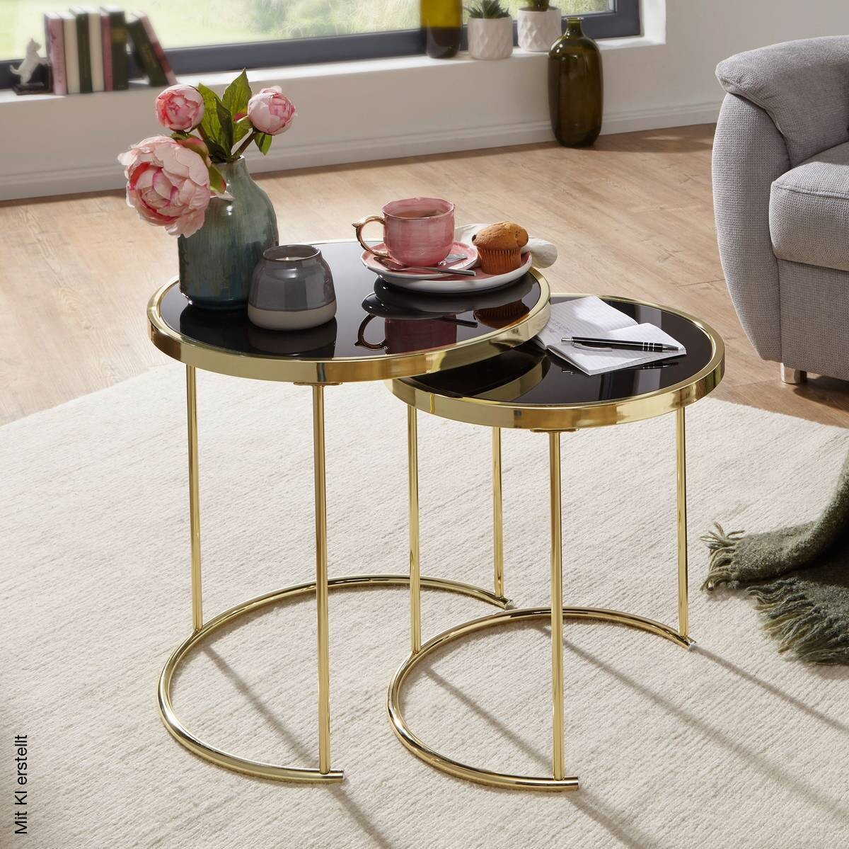 Beistelltisch 2er-Set schwarz gold lackiert Glas Metall