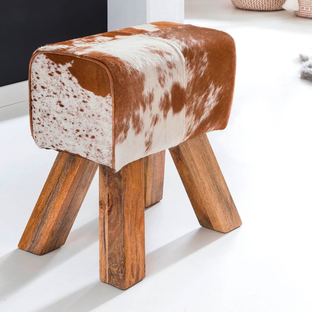 Wohnling Sitzhocker natur natur Leder Echtholz B/H/T: ca. 40x47x25 cm