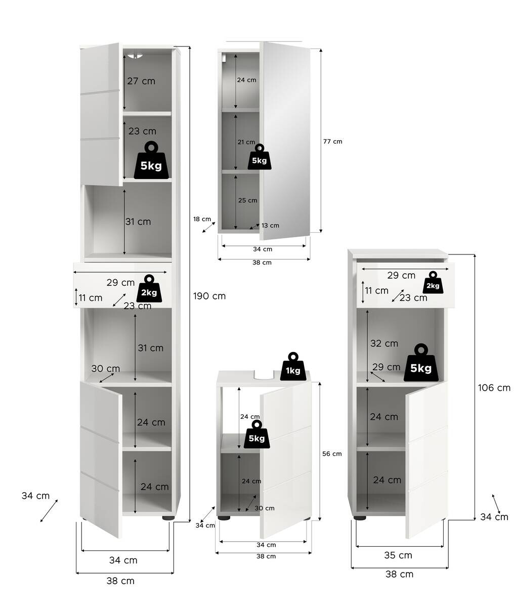 Badezimmer-Set VIRA weiß weiß Hochglanz B/H/T: ca. 144x190x34 cm