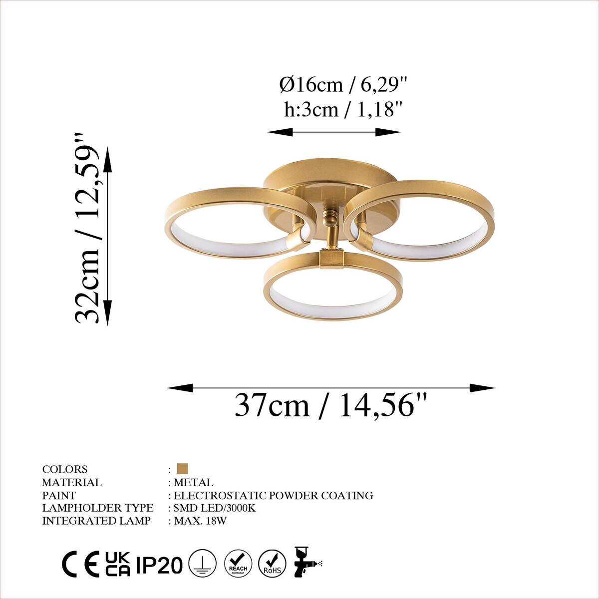Opviq Deckenleuchte gold Metall B/H/T/L: ca. 37x9x32x37 cm