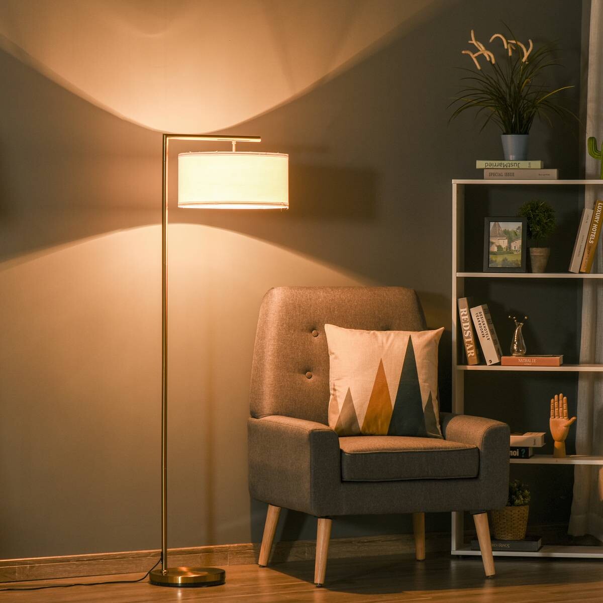 HOMCOM Stehlampe weiß gold Stahl Leinen B/H/T: ca. 37x153x37 cm