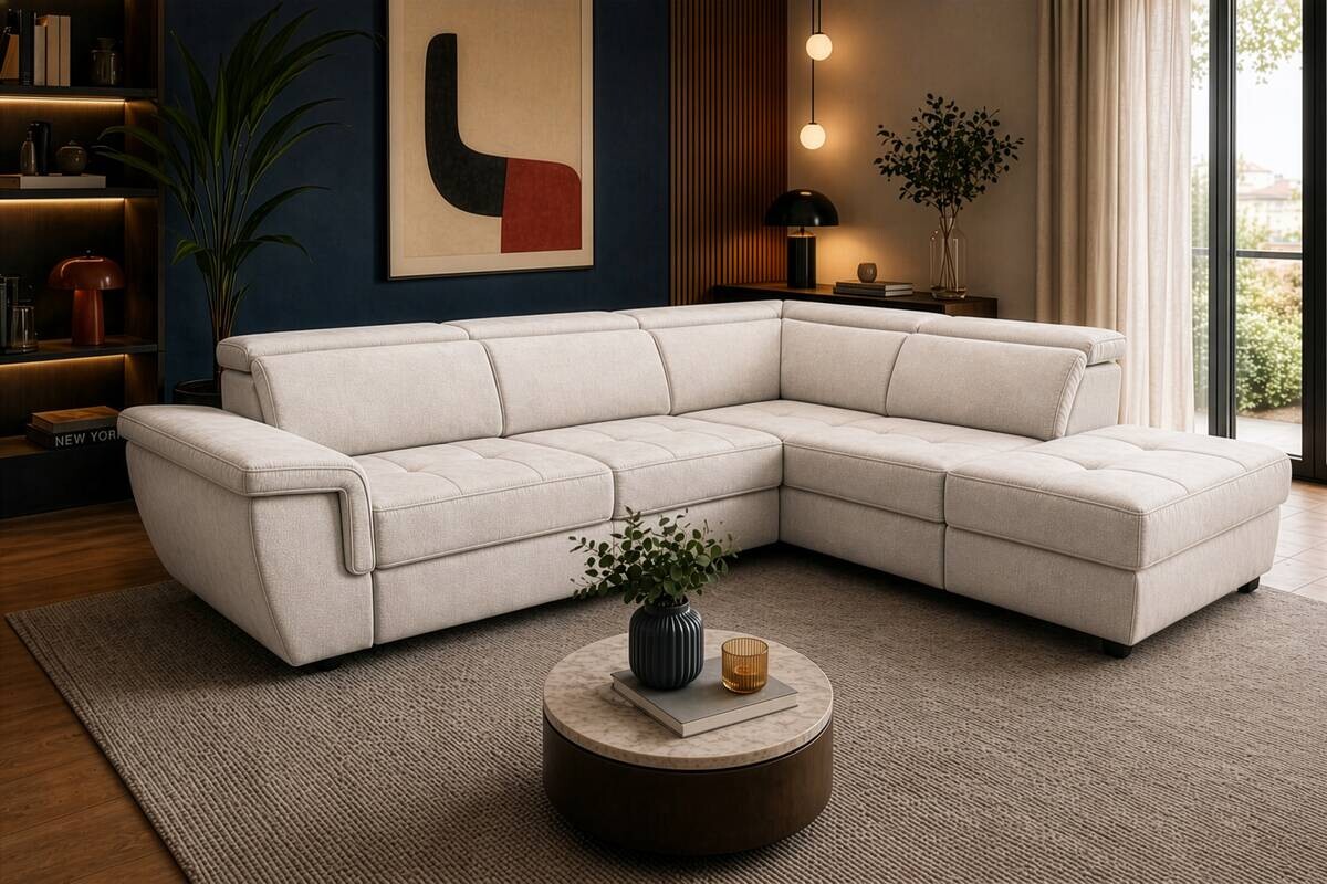 Ecksofa mit Bettfunktion und Bettkasten Vanilleblüte Flachgewebe B/H/T: ca. 267x75x238 cm