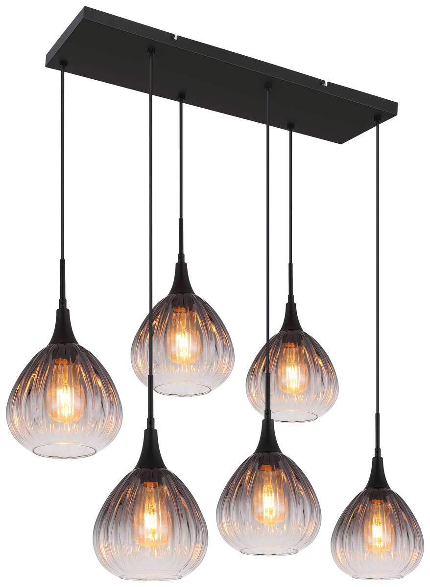 GLOBO Pendelleuchte Rauch schwarz Metall Glas B/H/T: ca. 40x120x90 cm E27 6 Brennstellen