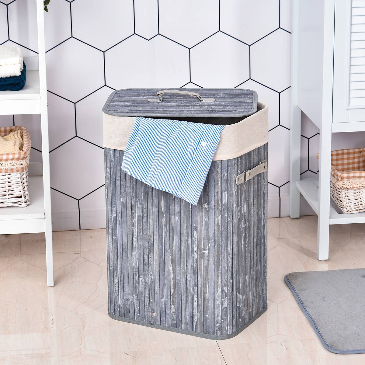 HOMCOM Wäschekorb mit 2 Tragegriffen grau Bambus Stoff Kunststoff B/H/L: ca. 30x60x40 cm