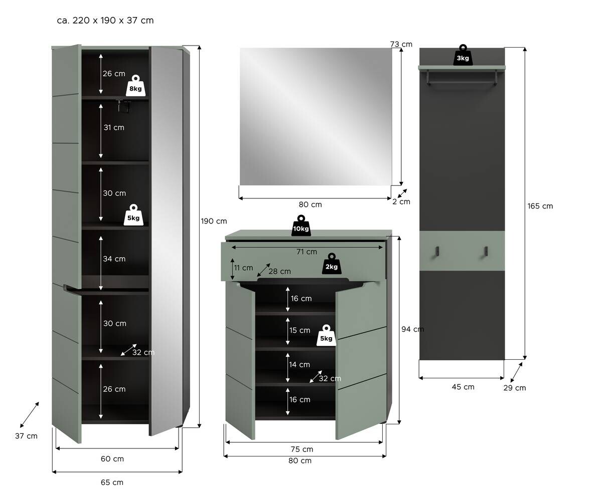 Garderobe Canu grün basaltgrau Nachbildung B/H/T: ca. 220x190x37 cm