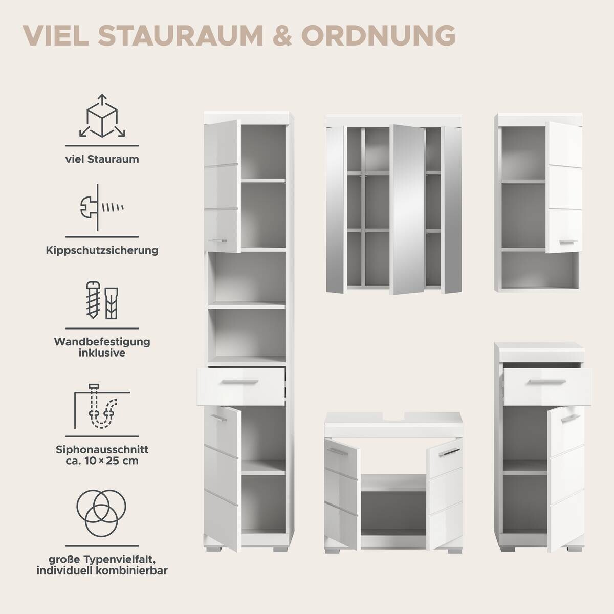 Badezimmer-Set Scout weiß weiß Hochglanz B/H/T: ca. 164x191x34 cm