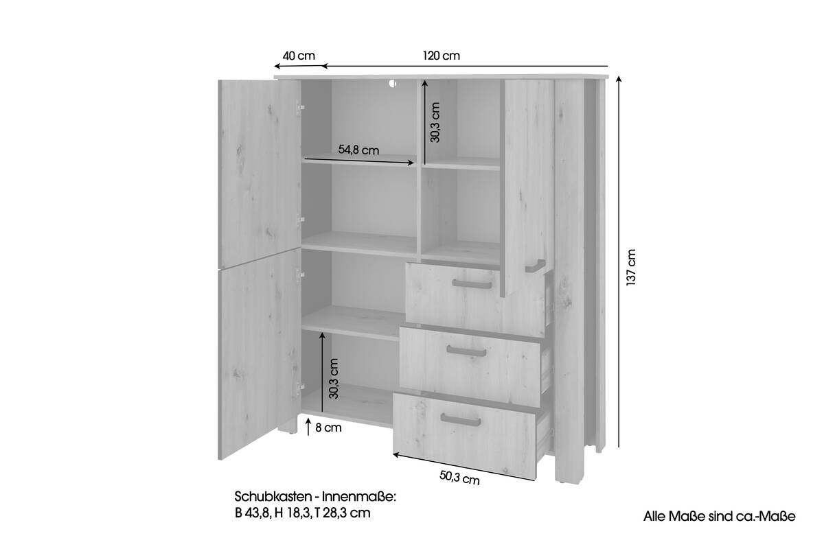 Highboard FARO Eiche schwarz B/H/T: ca. 120x137x40 cm