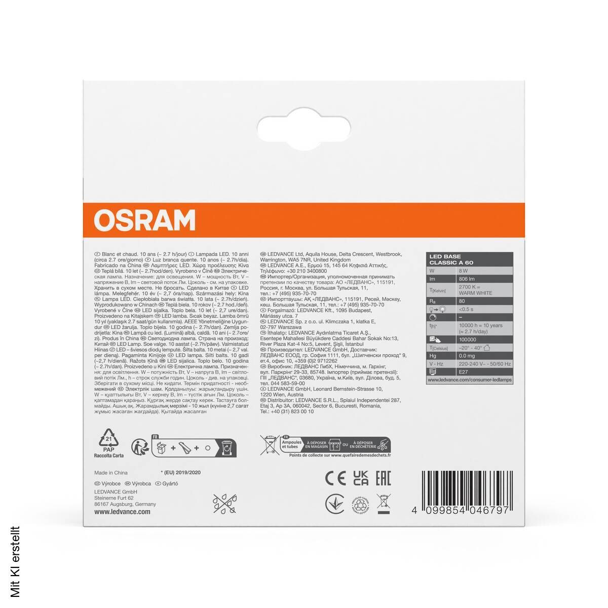 OSRAM LED-Leuchtmittel BASE Classic A AC55981 3er Pack E27