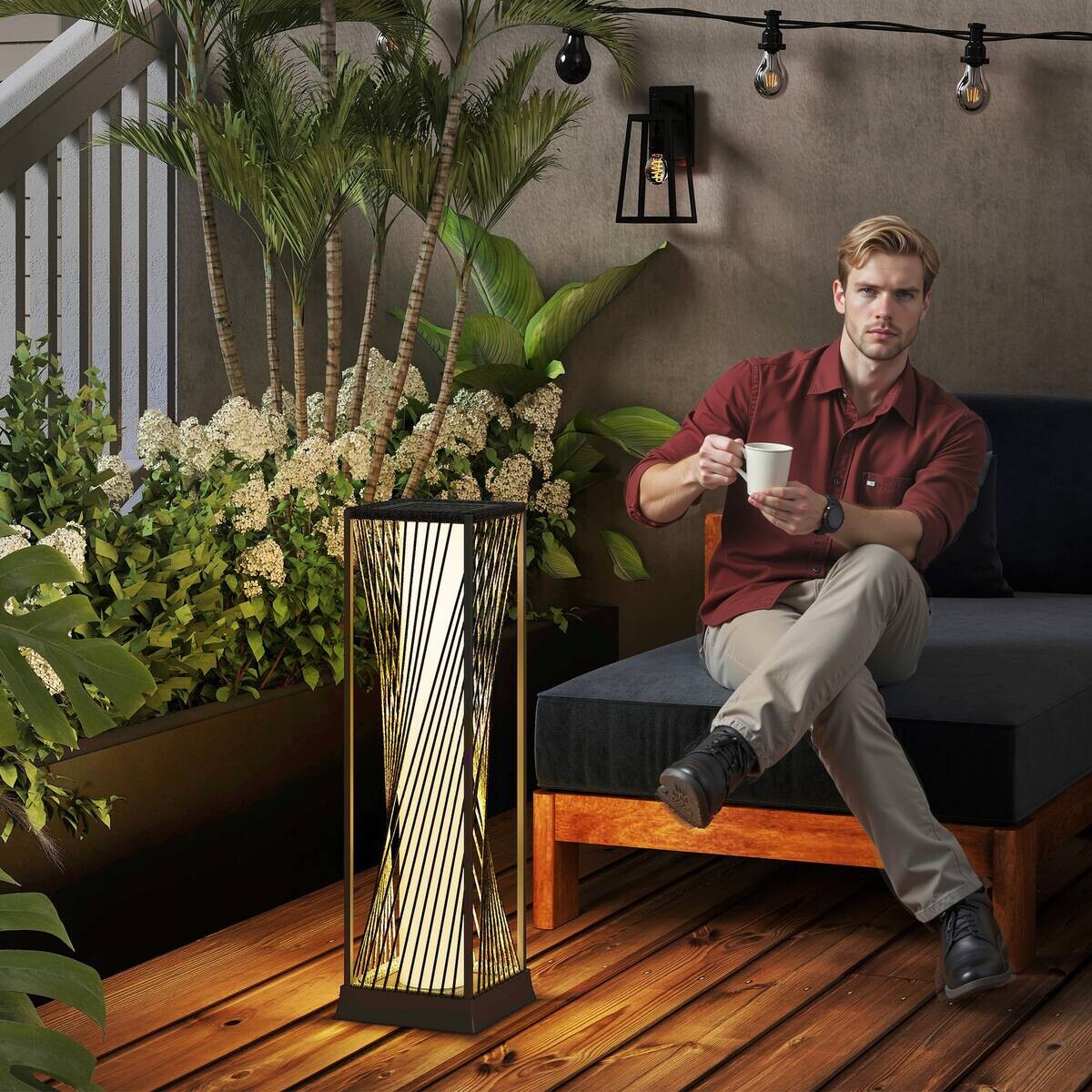 Rattan Solarlampe grau Stahl Polyethylen B/H/L: ca. 22x77x22 cm