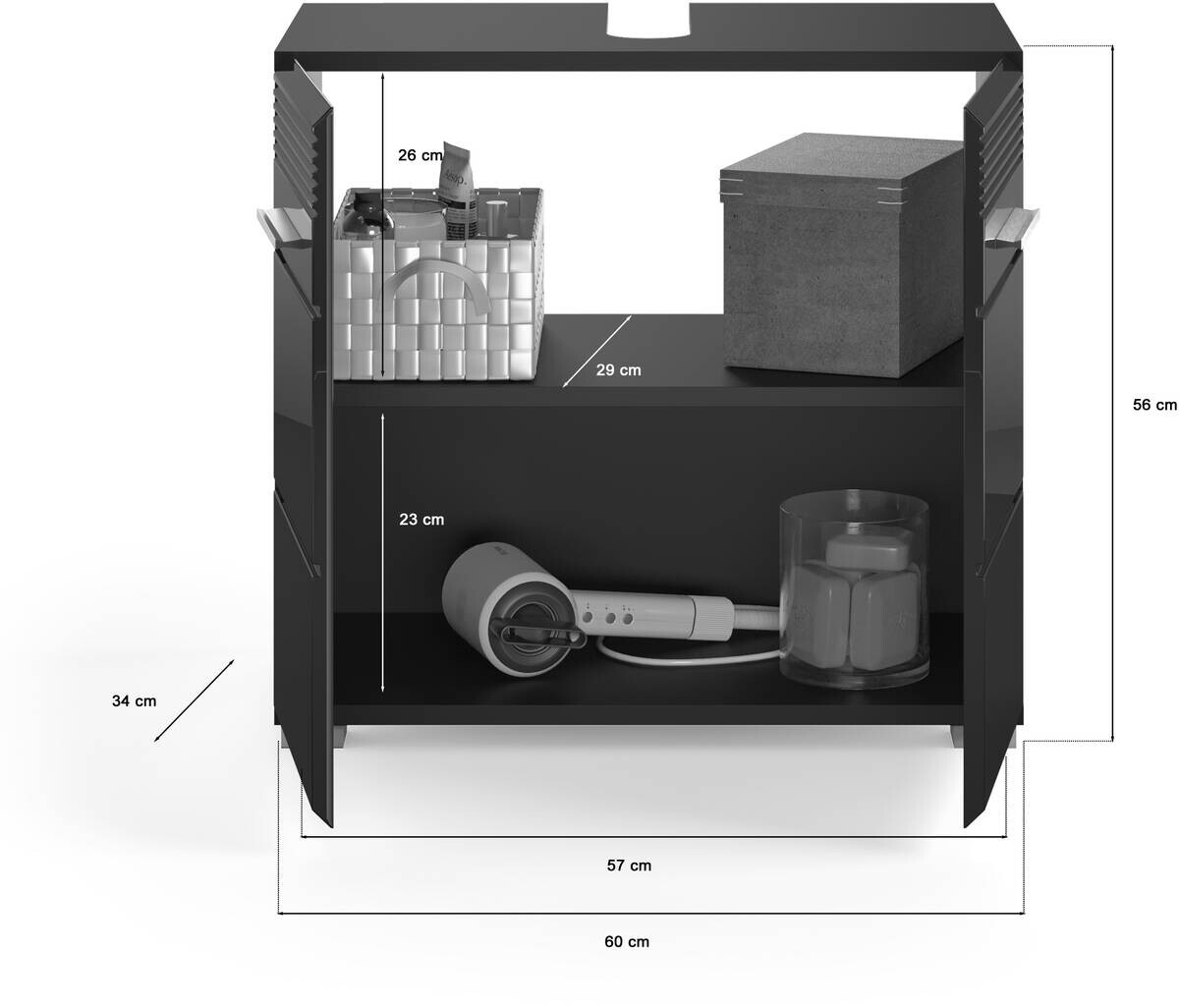 Waschbeckenunterschrank LINUS schwarz schwarz Hochglanz B/H/T: ca. 60x56x34 cm