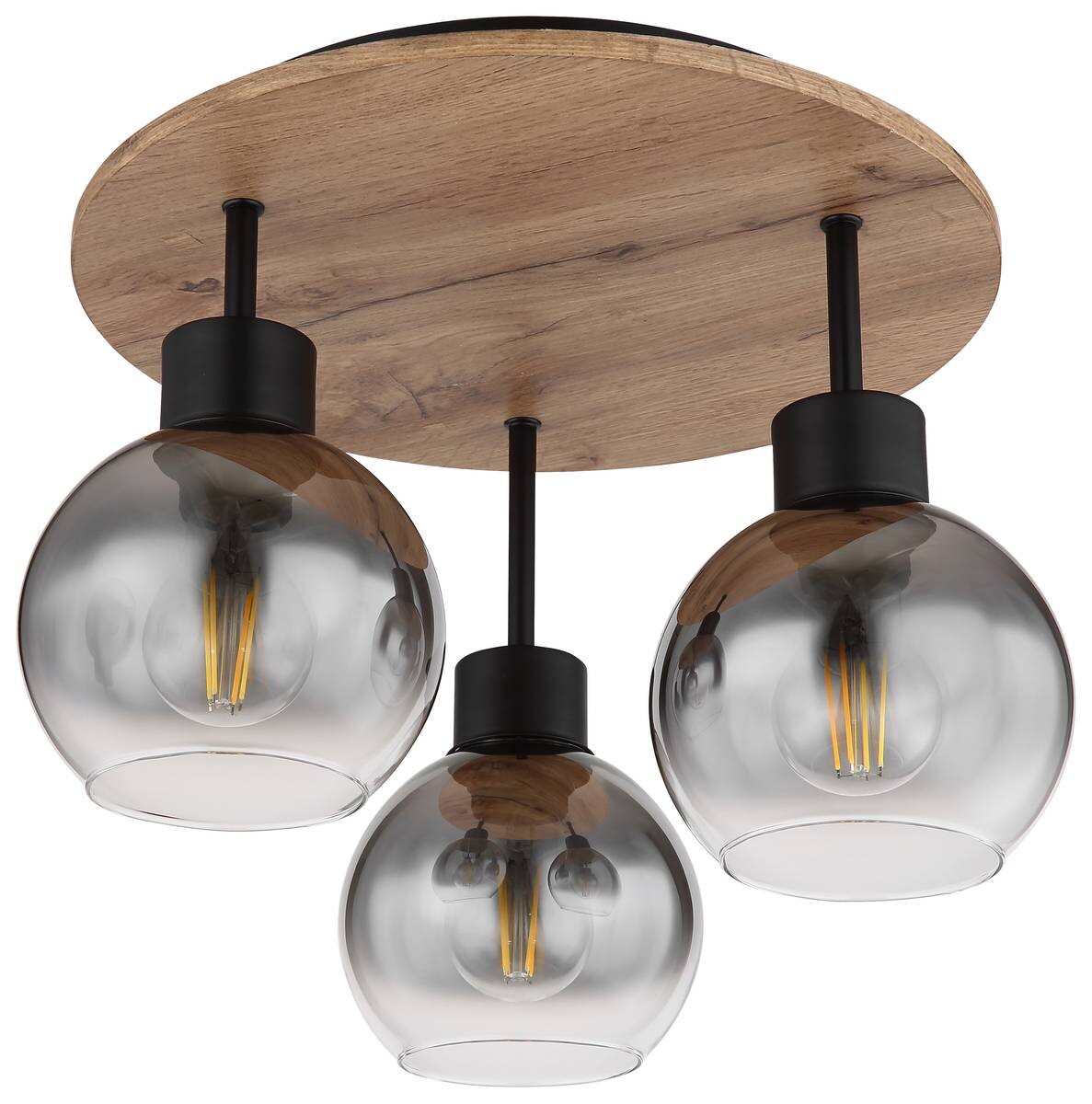 GLOBO Deckenleuchte 15656-3DR Rauch schwarz natur klar Glas Metall MDF H/D: ca. 38x38 cm E27 3 Brennstellen