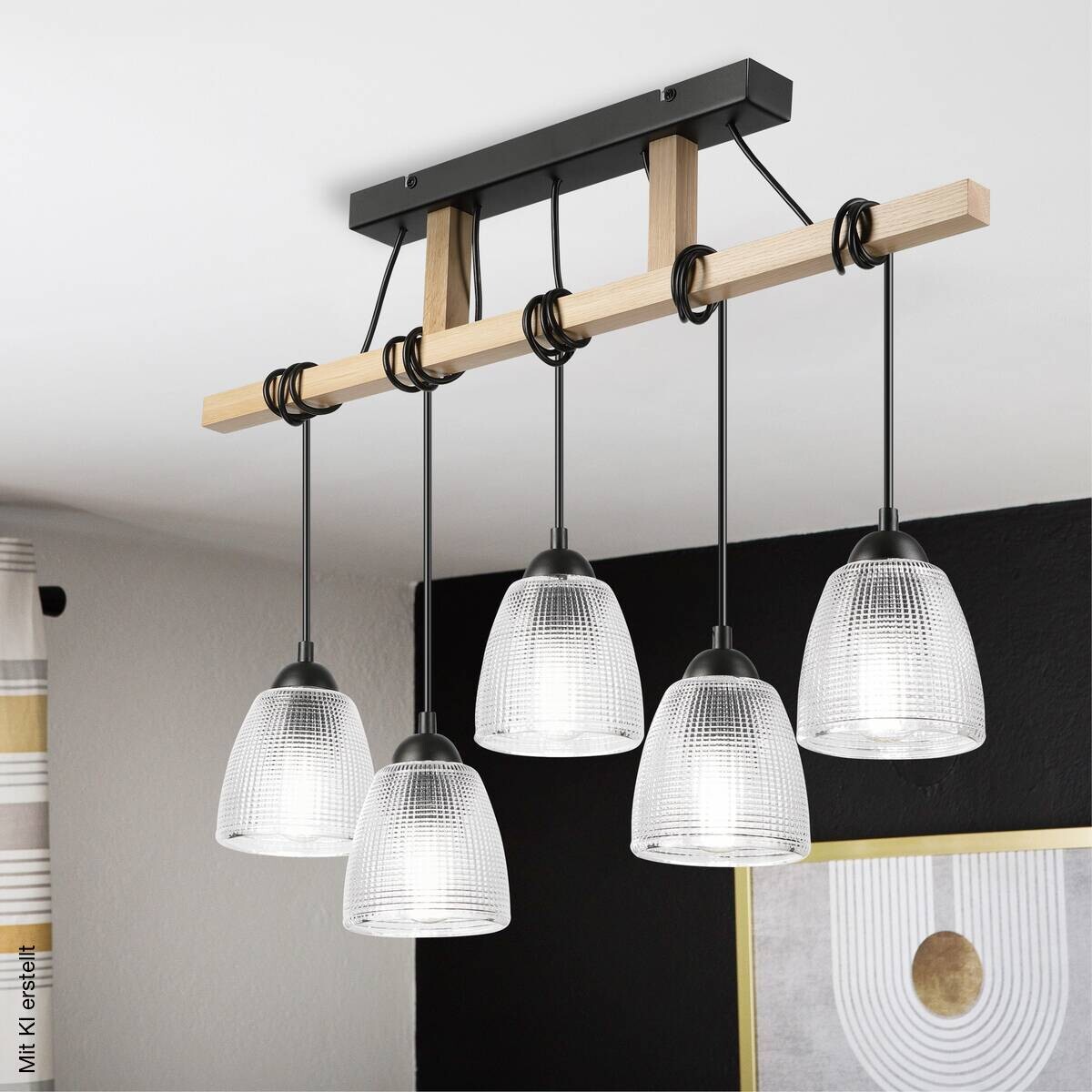 Lamkur Pendelleuchte Eiche Stahl B/H/L: ca. 75x88x75 cm E27 5 Brennstellen