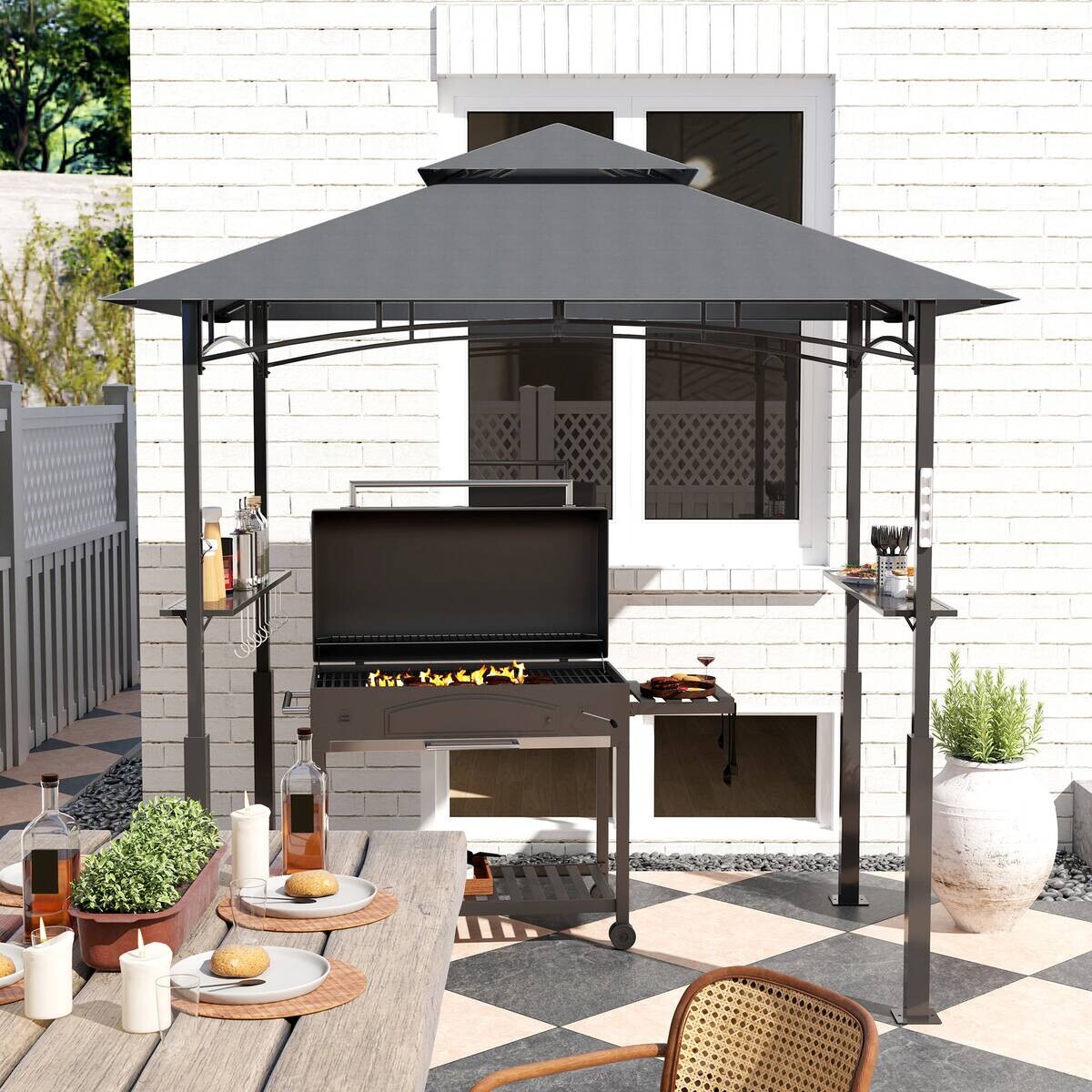 Outsunny Grillpavillon dunkelgrau Polyester B/H/L: ca. 148x248x243 cm