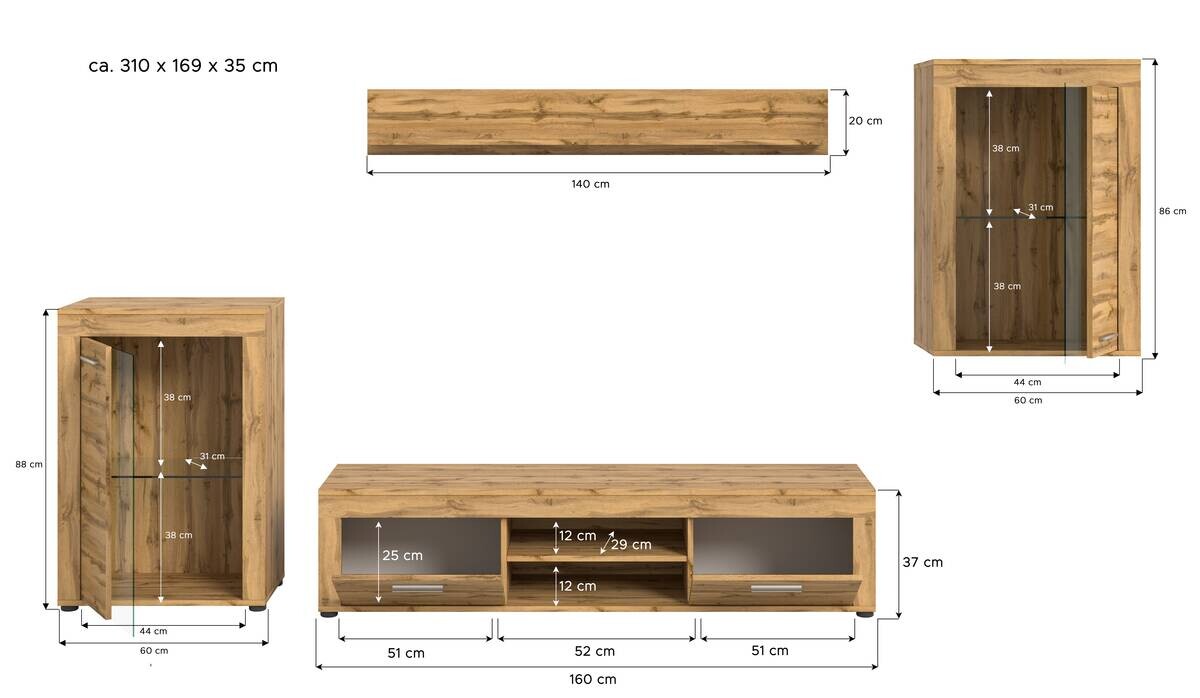 Wohnwand Jam Eiche Wotan Nachbildung B/H/T: ca. 310x169x35 cm
