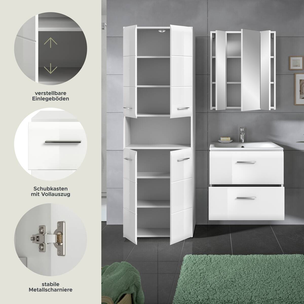 Badezimmer-Set Ice weiß weiß Hochglanz B/H/T: ca. 135x185x46 cm