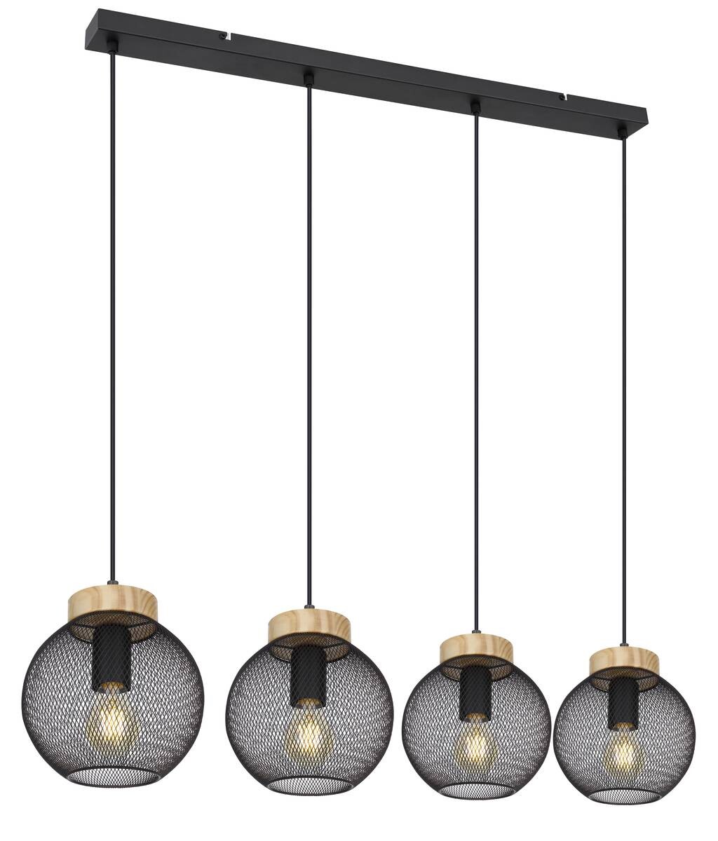 GLOBO Pendelleuchte Pablo mattschwarz natur Metall Holz B/H/T: ca. 95x120x20 cm E27 4 Brennstellen