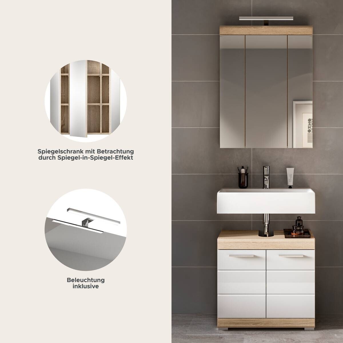 Badezimmer-Set Lambada Eiche Sonoma Nachbildung weiß Hochglanz B/H/T: ca. 60x191x34 cm