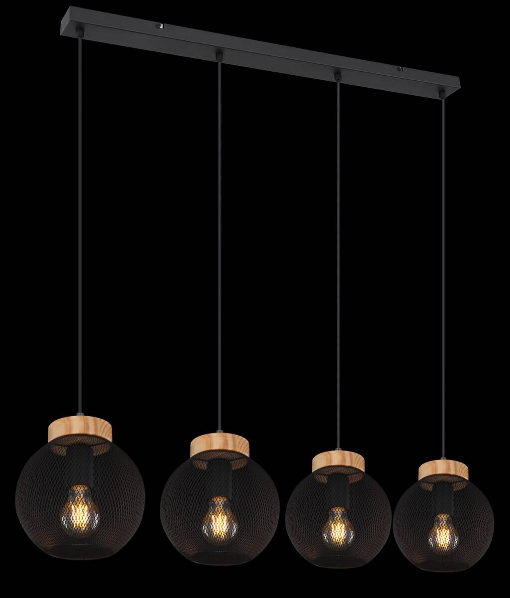 GLOBO Pendelleuchte Pablo mattschwarz natur Metall Holz B/H/T: ca. 95x120x20 cm E27 4 Brennstellen