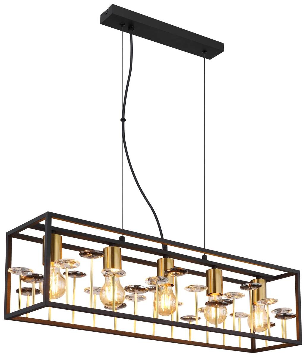 GLOBO Pendelleuchte LISBON 15644H1 gold Rauch mattschwarz Metall Glas B/H/L: ca. 77x120x18 cm E27 5 Brennstellen