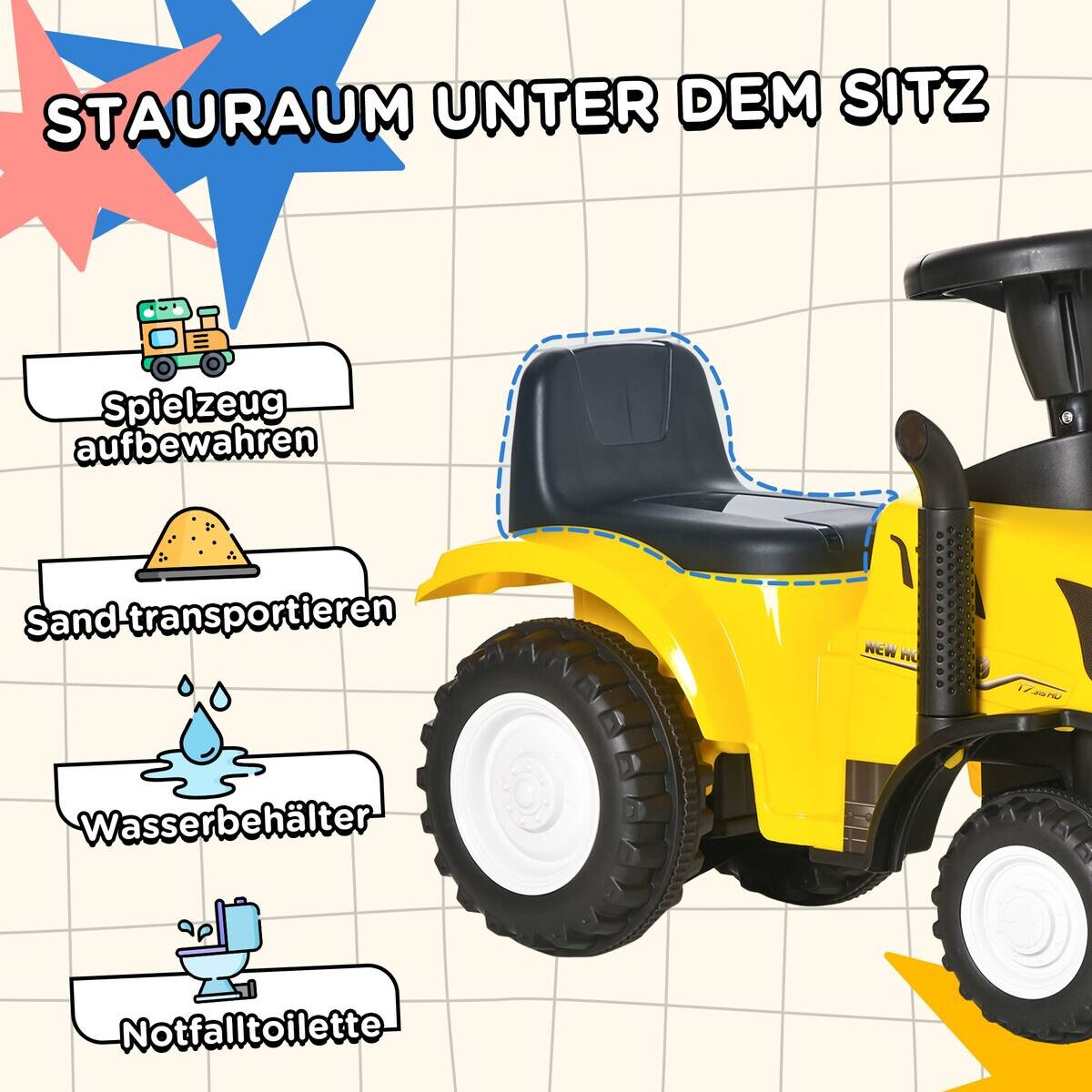 HOMCOM Rutschauto Tettraktor gelb B/H/L: ca. 29x91x44 cm
