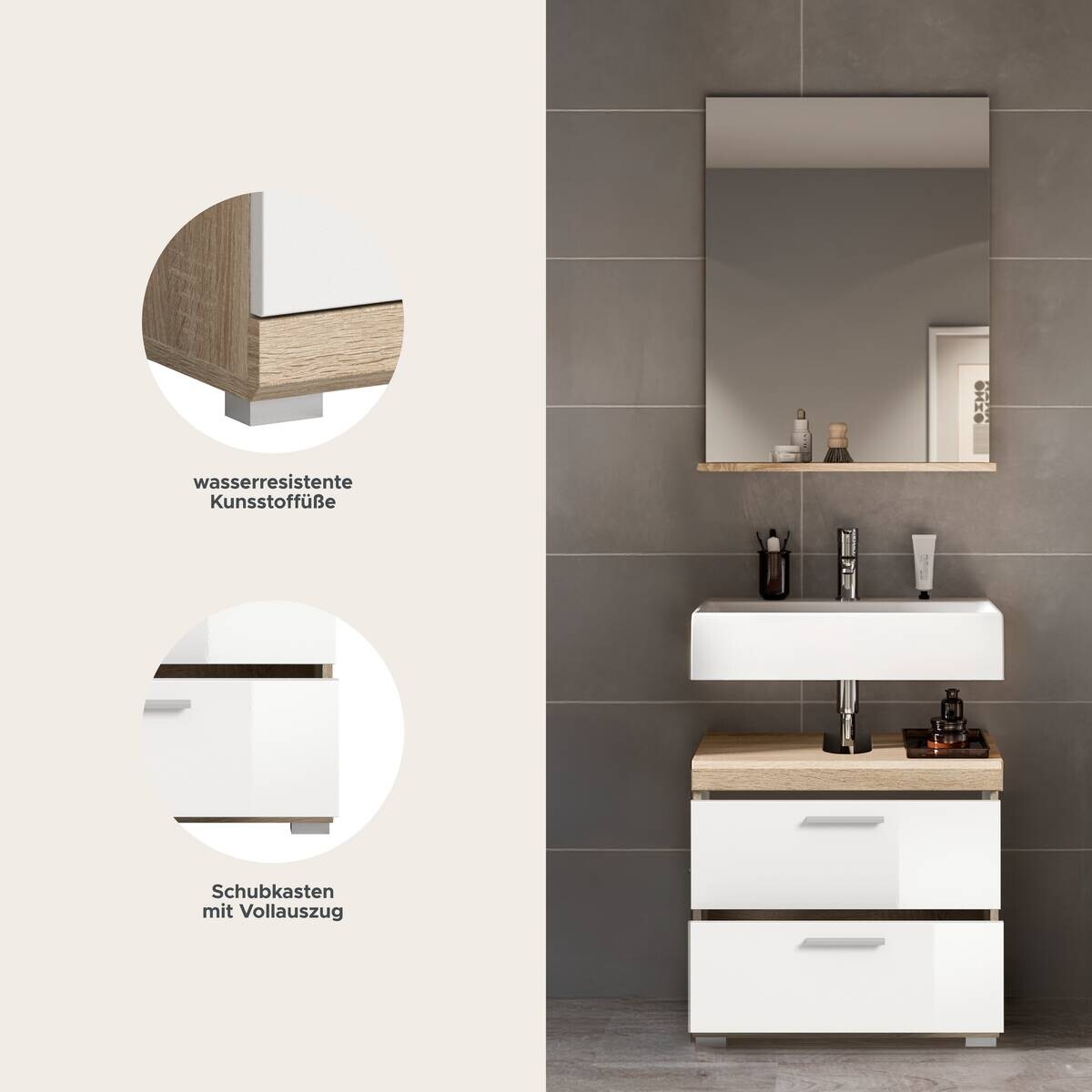 Badezimmer-Set Lambada Eiche Sonoma Nachbildung weiß Hochglanz B/H/T: ca. 60x191x37 cm