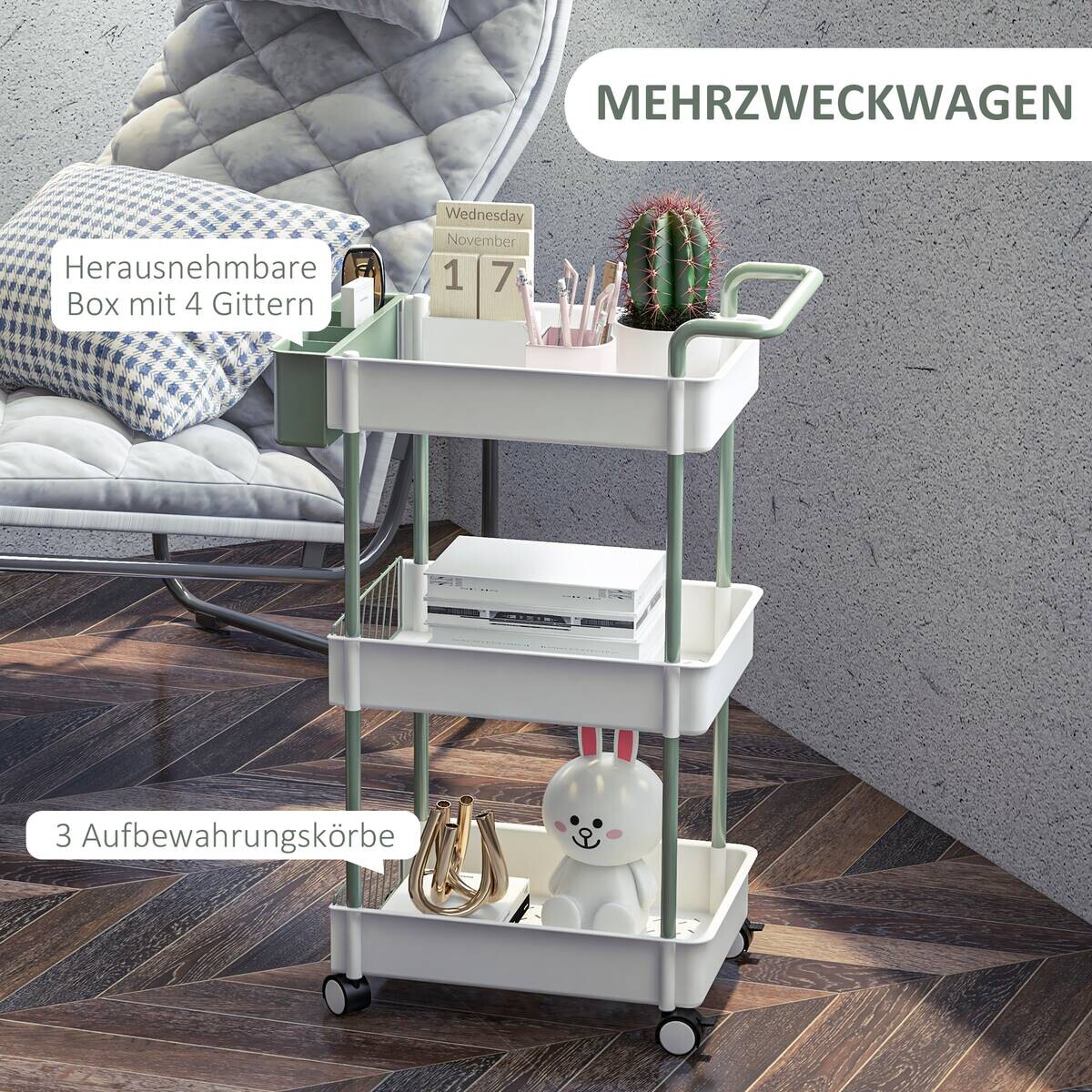 HOMCOM Küchenwagen weiß Polypropylen B/H/L: ca. 29,4x50x77 cm