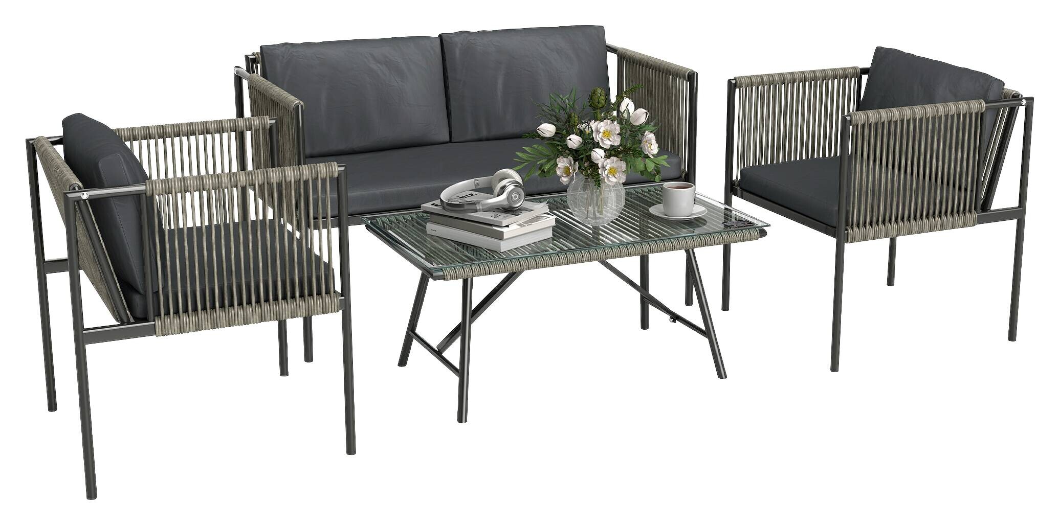 Outsunny Rattan Gartenmöbel-Set grau Stahl B/H/L: ca. 65x68x116 cm